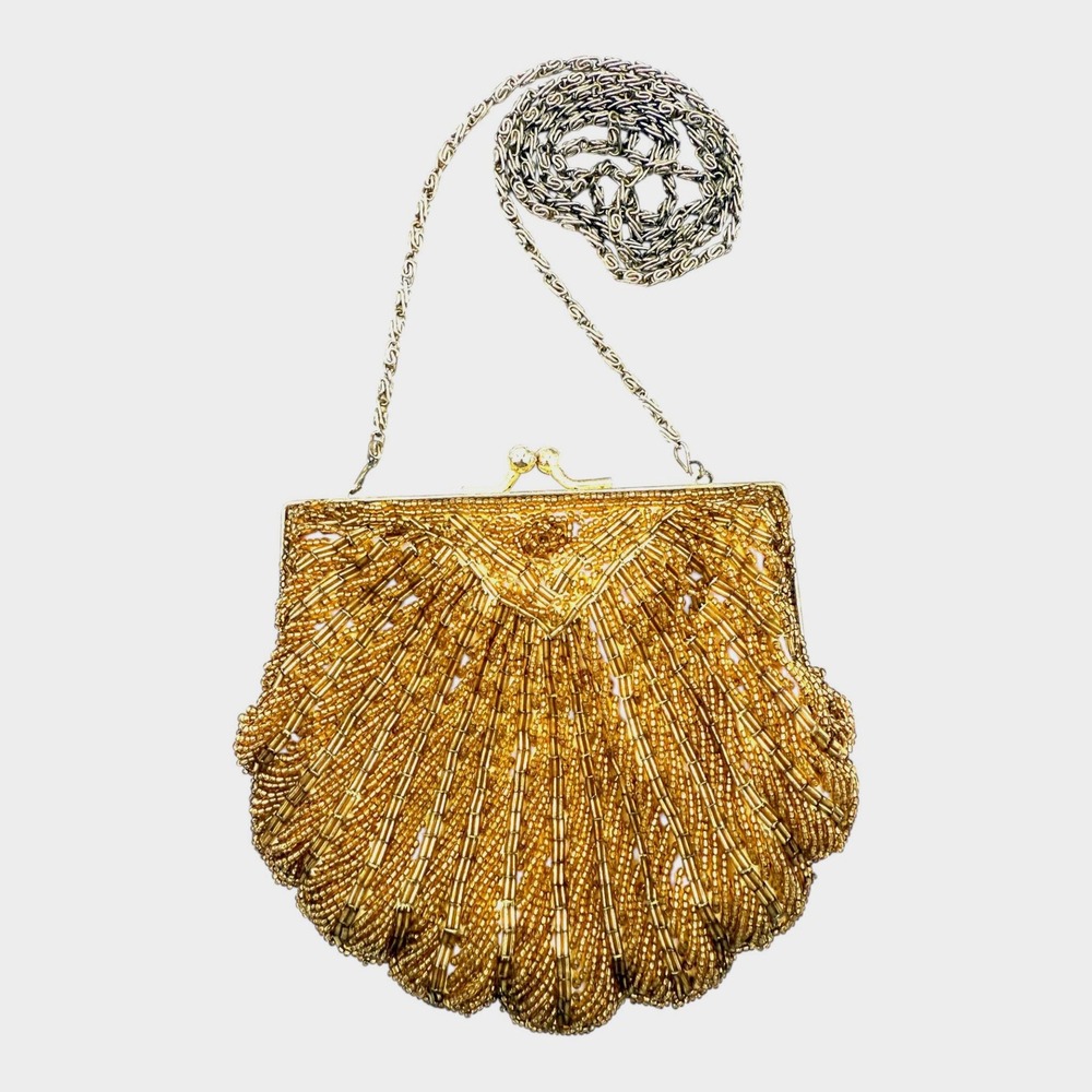 VTG La Regale Women's Evening Shoulder Purse Gold Beaded Clam Shell Gold Chain - Picture 10 of 13